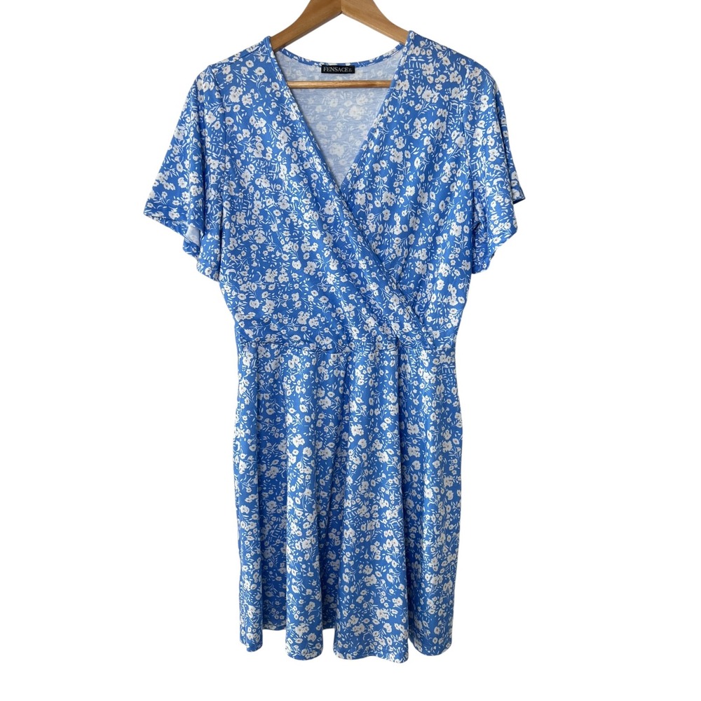 Fensace Women XL Blue White Floral‎ Faux Wrap Dress Summer Casual Brunch Party